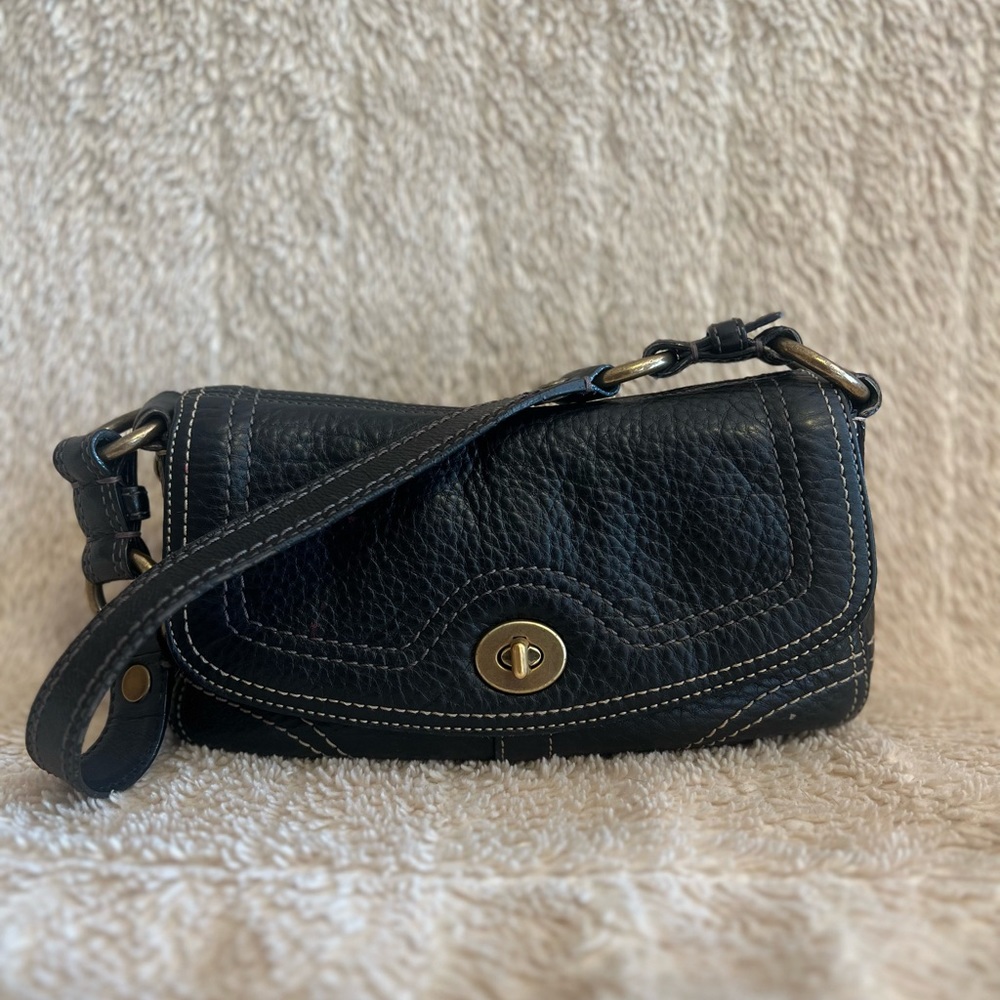 Coach Black pebble leather flap turn lock hobo shoulder bag purse.